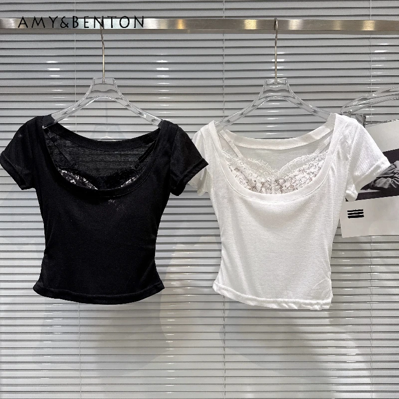 

Sweet Wind U-neck Lace Splicing Design Women's Sling 2026 Summer New Temperament Short-sleeved T-shirt Two-piece Sets Ladies