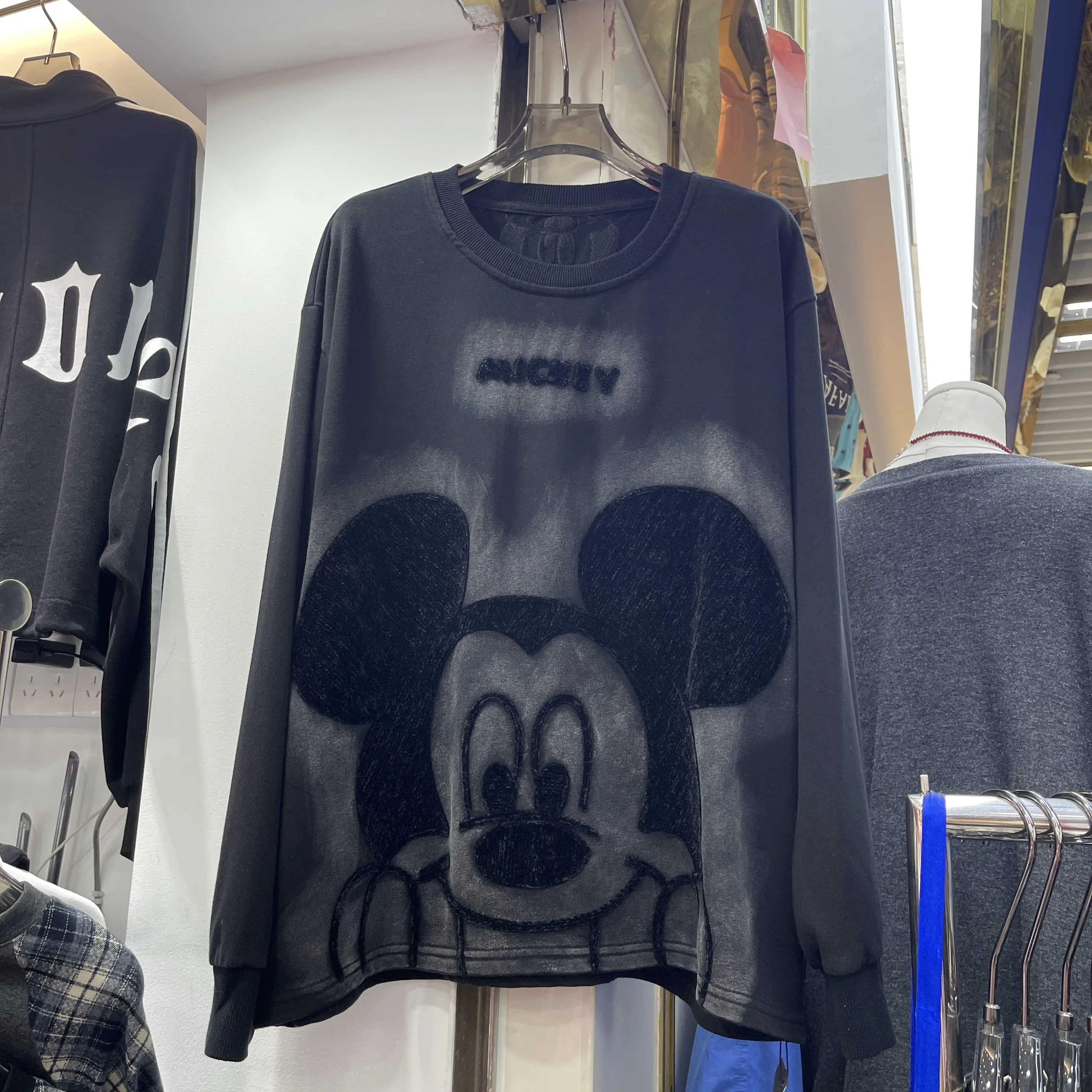 Rose Red Oversized Tops 2023 Spring New Korean Style Cartoon Print Long Sleeve Round Neck Loose Pullover Sweatshirt for Women