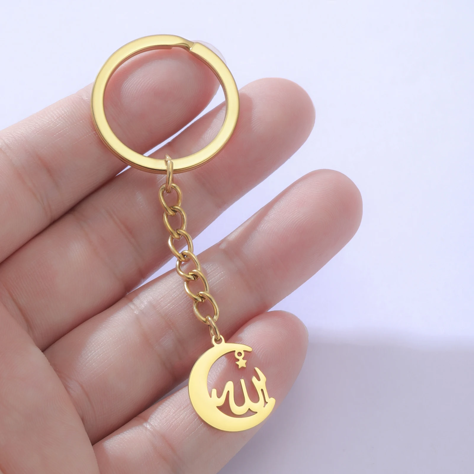 Allah Moon Stars Islamic Muslim Symbols Stainless Steel Keychain Religious Accessories Gift for Men and Women