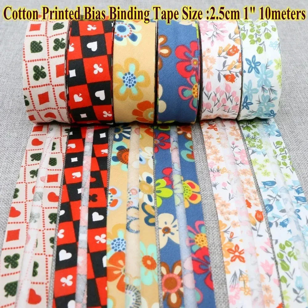 New Printed Cotton Bias Tape 25mm x 10meters Ribbon Fablic Welt Cloth Twill for DIY Garment Sewing edge serging material