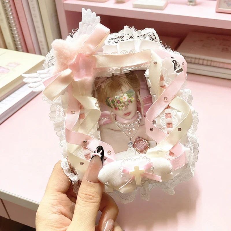 Handmade Pink White Lace Bow 3 Inch Decor Photo Frame, Angel Wing Decor, Multi‑Layer Ruffled Trim, Lolita Style, Anime Hobby Decor, Photo Display Holder, Picture Protector, Kawaii Collectible Supply