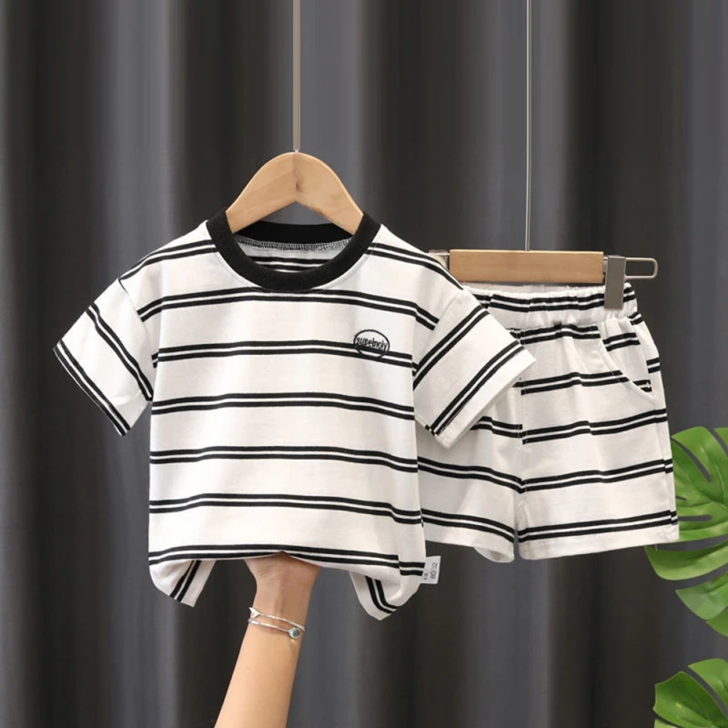 2Pcs Fashion Children Short Sleeve Shorts Sets Summer Kids Clothes Boys Baby Cotton Tee Pant Outfits Black and White Stripe Trac