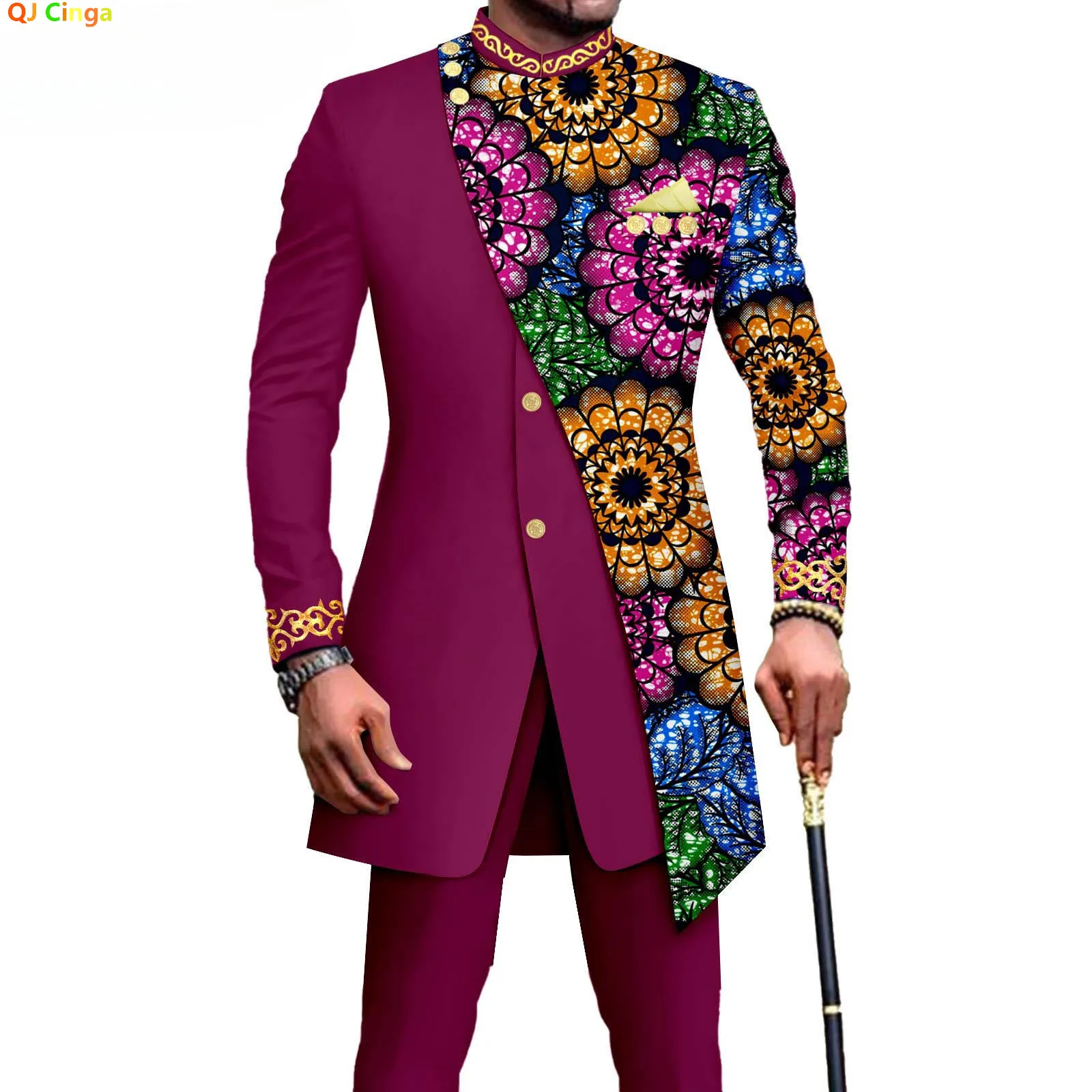 

African-style Men's Two-piece Suit, Featuring A Double-breasted Jacket and Pants with Gold Embroidery on The Collar and Cuffs.