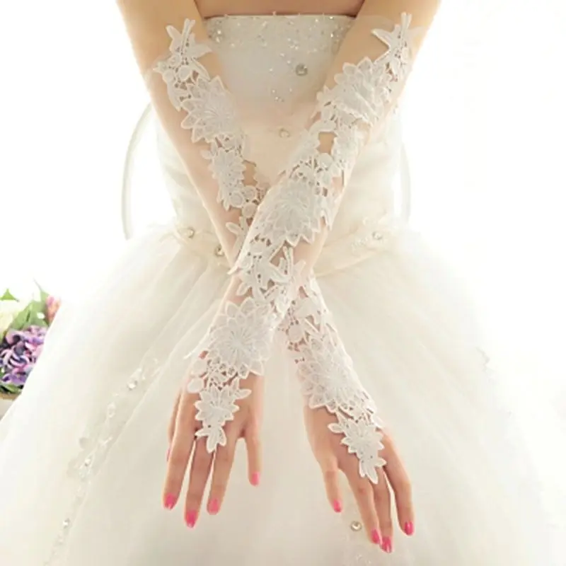 Bridal wedding dress gloves lengthened hook lace embroidered gloves