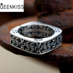 QEENKISS 925 Sterling Silver Round Square Ring for Men Vintage Open Ring Fine Jewelry Wedding Party Groom Father Boy Gift RG6968