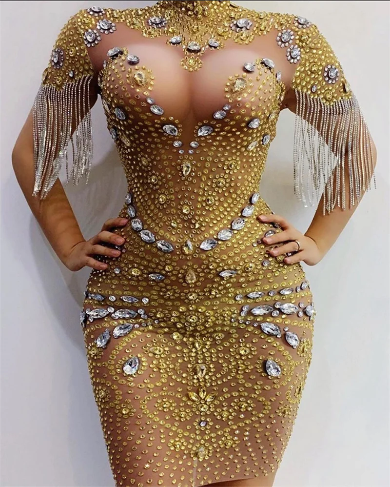 

New Shining Big Crystals Sexy Sheath Sparkly Rhinestone Party Nightclub Mesh Dresses Women Full Beads Anniversary Evening Dress