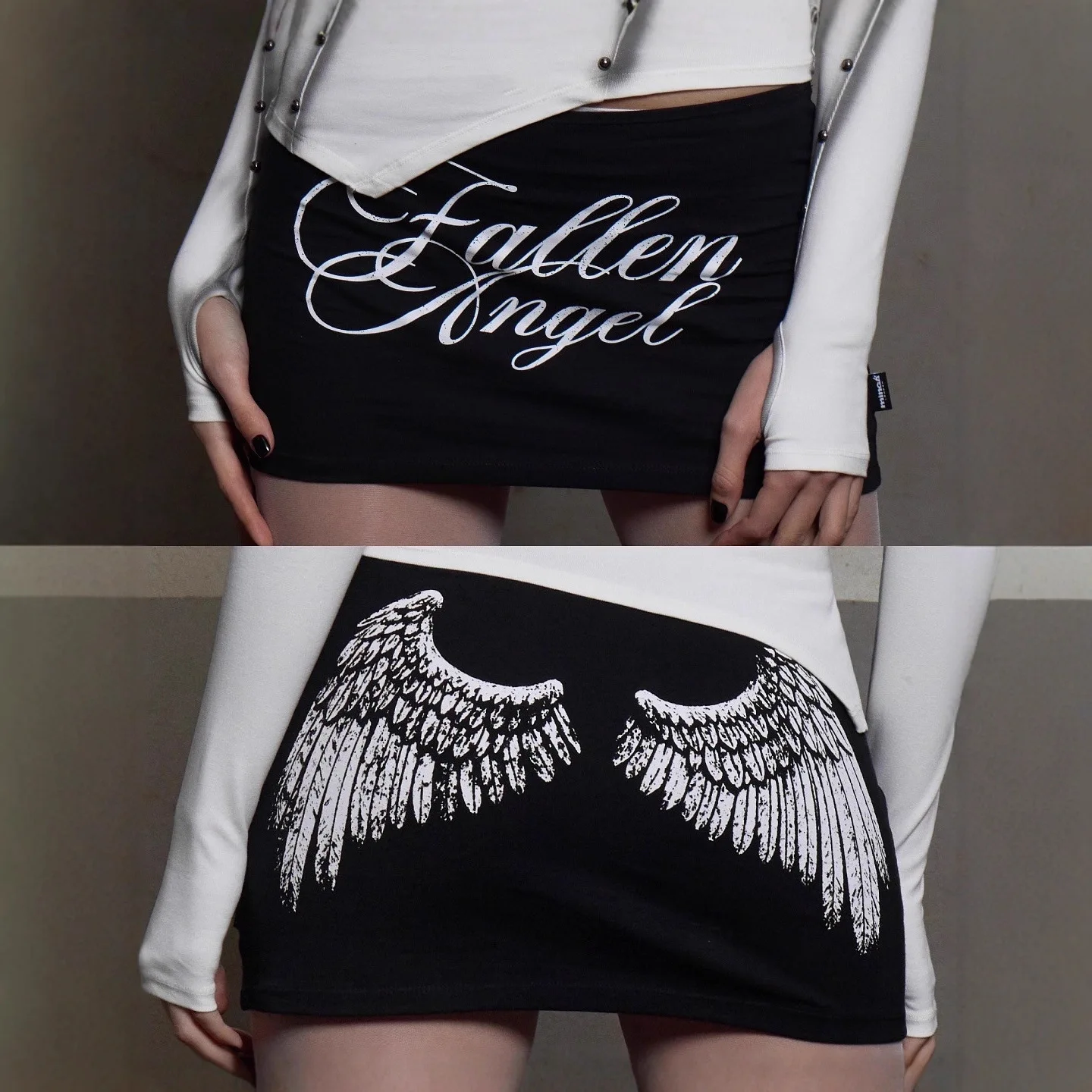 Y2k Women's Casual Punk Skirt Black Embellished & Wing Print Low Rise Slim Fit Bodycon Mini Skirt 2026 Women's Clothing Skirts