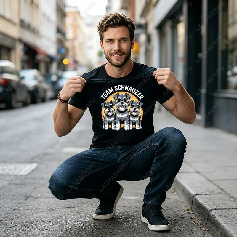 Camiseta divertida con gráfico de Mini Schnauzer y estampado de "Team Schnauzer", camiseta informal de manga corta 100% algodón para usar en todas las estaciones