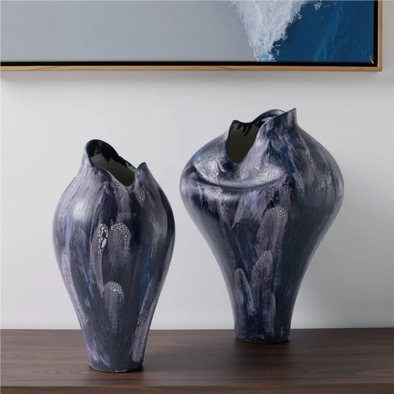 Blue vase abstract irregular ceramic  ware Italian   luxury  insert wabi-sabi wind living room entrance decoration ornament