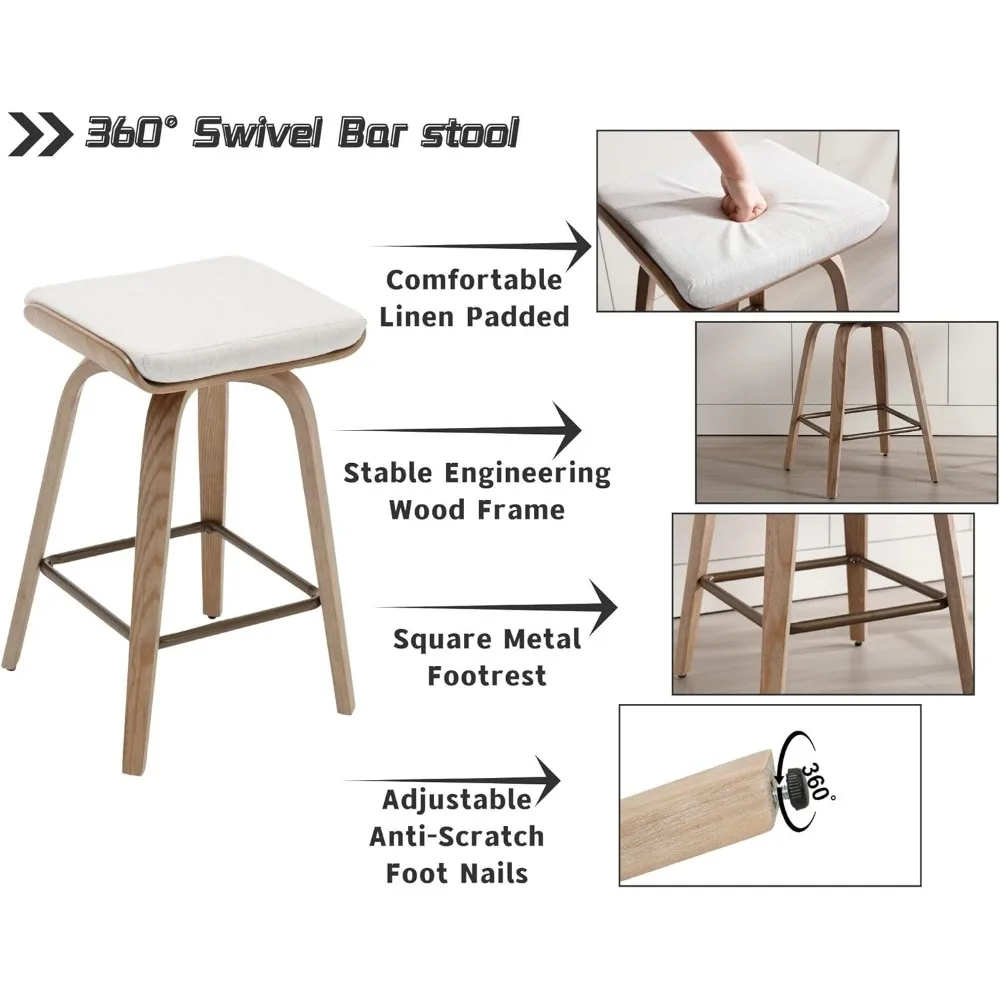 26インチ 回転カウンタースツール カウンター高さバースツール 4個セット 素朴なファームハウス バックレス回転バースツール ベージュ リネンクッション B