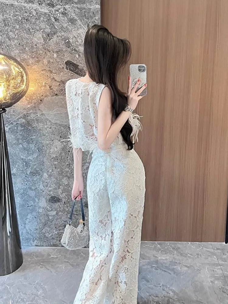 Office Ladies Hollow Out Flower Lace Sleeveless Cropped top High Waist Wide Leg Pants Two Piece Set Elegant Summer Women Sets