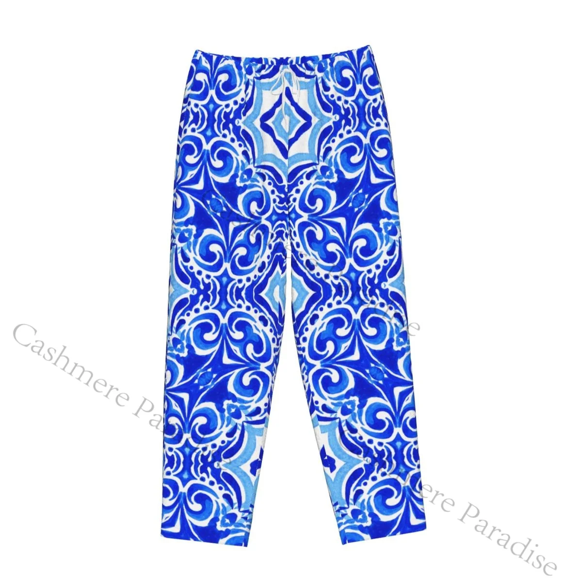 Abstract Blue White Hand Drawn Medallion Damask Tile Women Sleep Pants Warm Flannel Lounge Pants for Winter Nights