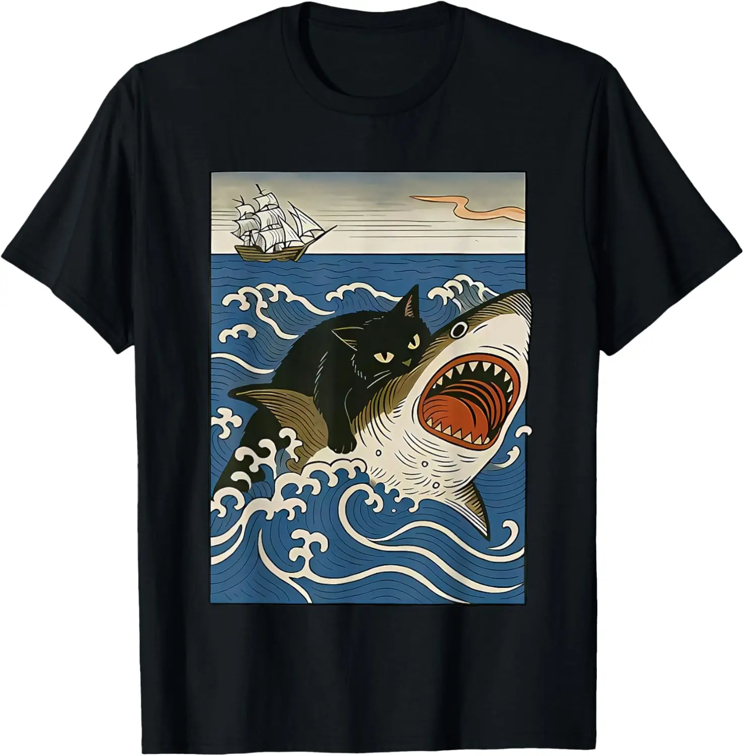 Cat Hunting Shark T-Shirt 100% Cotton Trendy Y2K Short-Sleeve Tee-Soft, Quick-Drying, Moisture-Wicking; Ideal Sports Casual