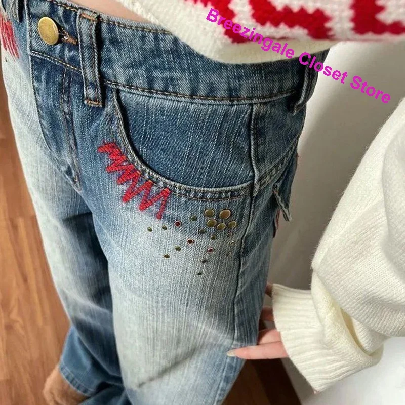 Korean heavy industry washing hot drilling high waist jeans women spring and autumn design high waist embroidered wide-leg pants