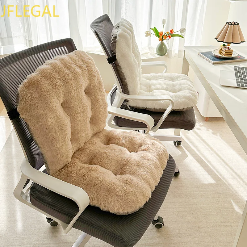 Faux Rabbit Fur Plush Integrated Seat and Back Cushion Thick PP Cotton Filling Non‑Slip Soft Chair Cushion for Office Sofa Chair