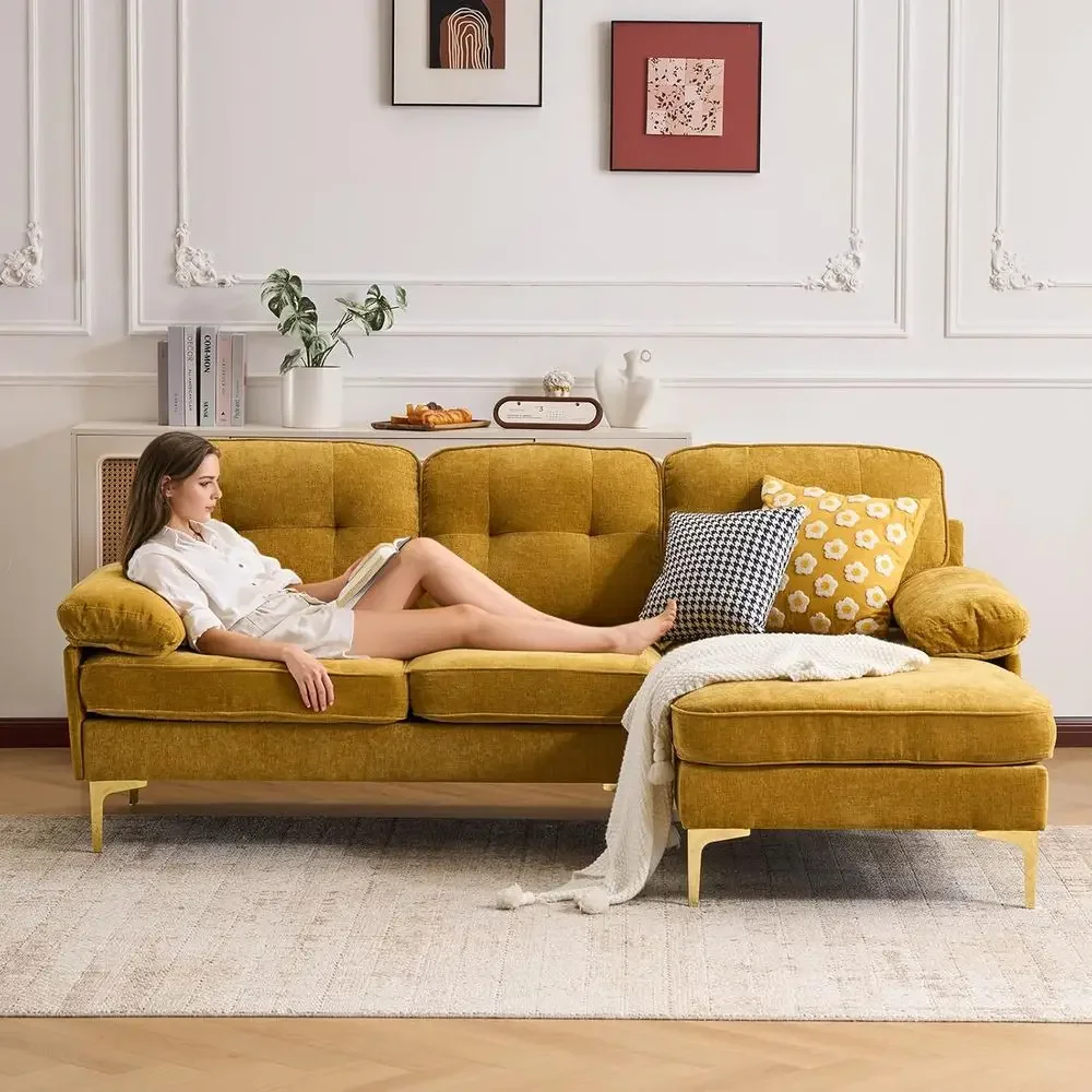 85 L-Shaped Sofa with Deep Seating, Chaise and Washable Covers in Chenille Yellow