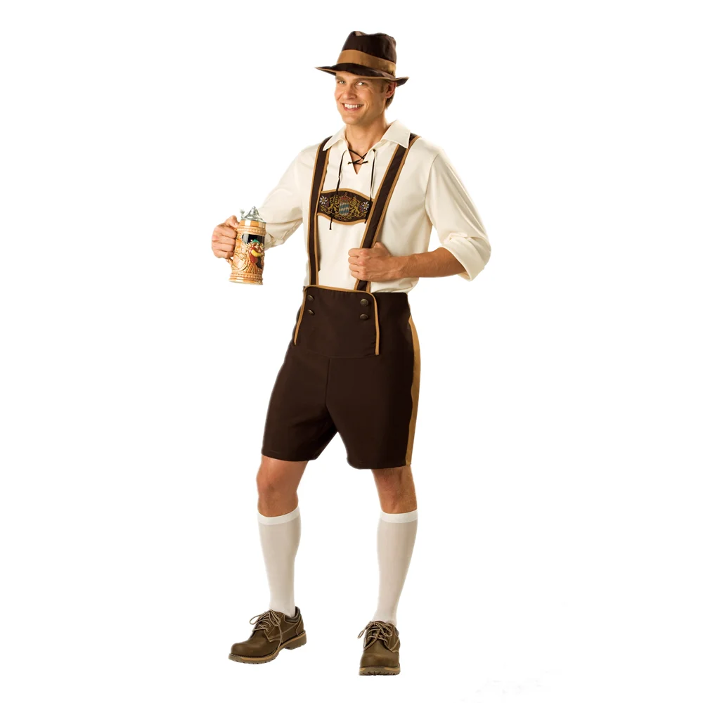 Man แบบดั้งเดิม Oktoberfest เครื่องแต่งกายเสื้อกางเกงขาสั้นหมวก Bavarian Oktoberfest เทศกาลเบียร์เสื้อผ้าฮาโลวีนคอสเพลย์