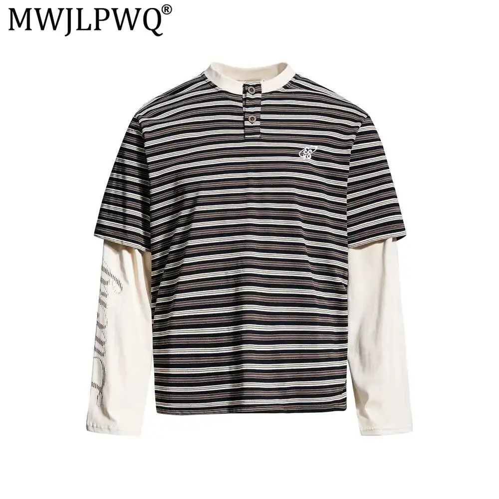 MWJLPWQ Striped Faux Two-Piece Long-Sleeve T-Shirt For Men American Trendy Design Buttoned Half-Open Collar Loose Tops 17482