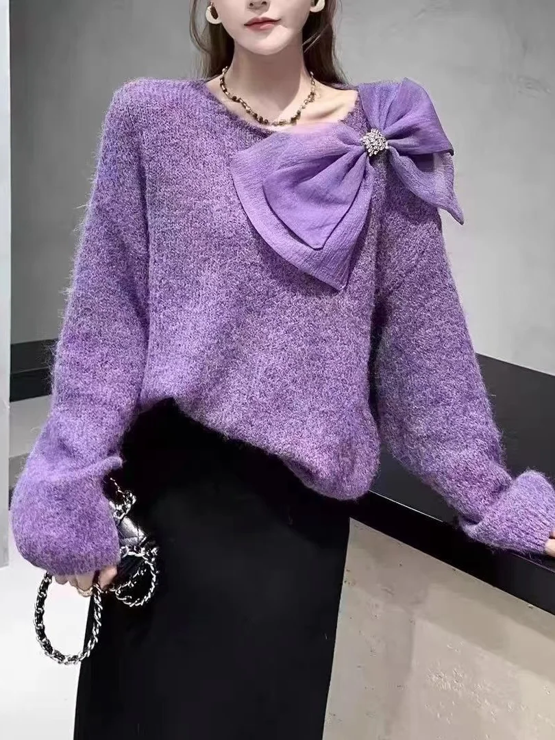 Faionable Knitted Knot Base irt Damen Lila Loose Fit Casual Sle Long Sve Round Ne Pullover Sweater