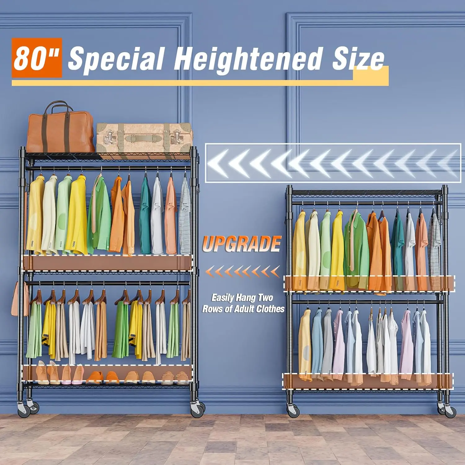Heavy Duty Freestanding Rolling Metal Garment Storage Organizer Dual Hanging Bars Adjustable Storage Shelves Lockable Casters Multi Functional Hanging Hooks Black Household Portable Wardrobe Holder