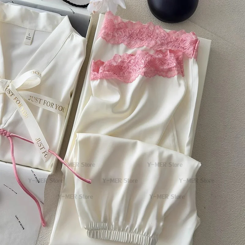 New Chinese Style Lace Patchwork Top Pants 2Pcs Pyjamas Femme Sexy Pijama Mujer Princess Style Loungewear Home Clothes Nightwear