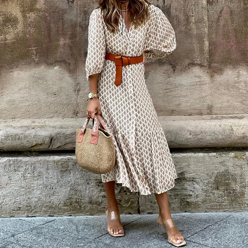 2025 Autumn and Winter New Fashion Belt Print V-neck Puff Sleeve Simple Temperament Long Dress Women Clothing