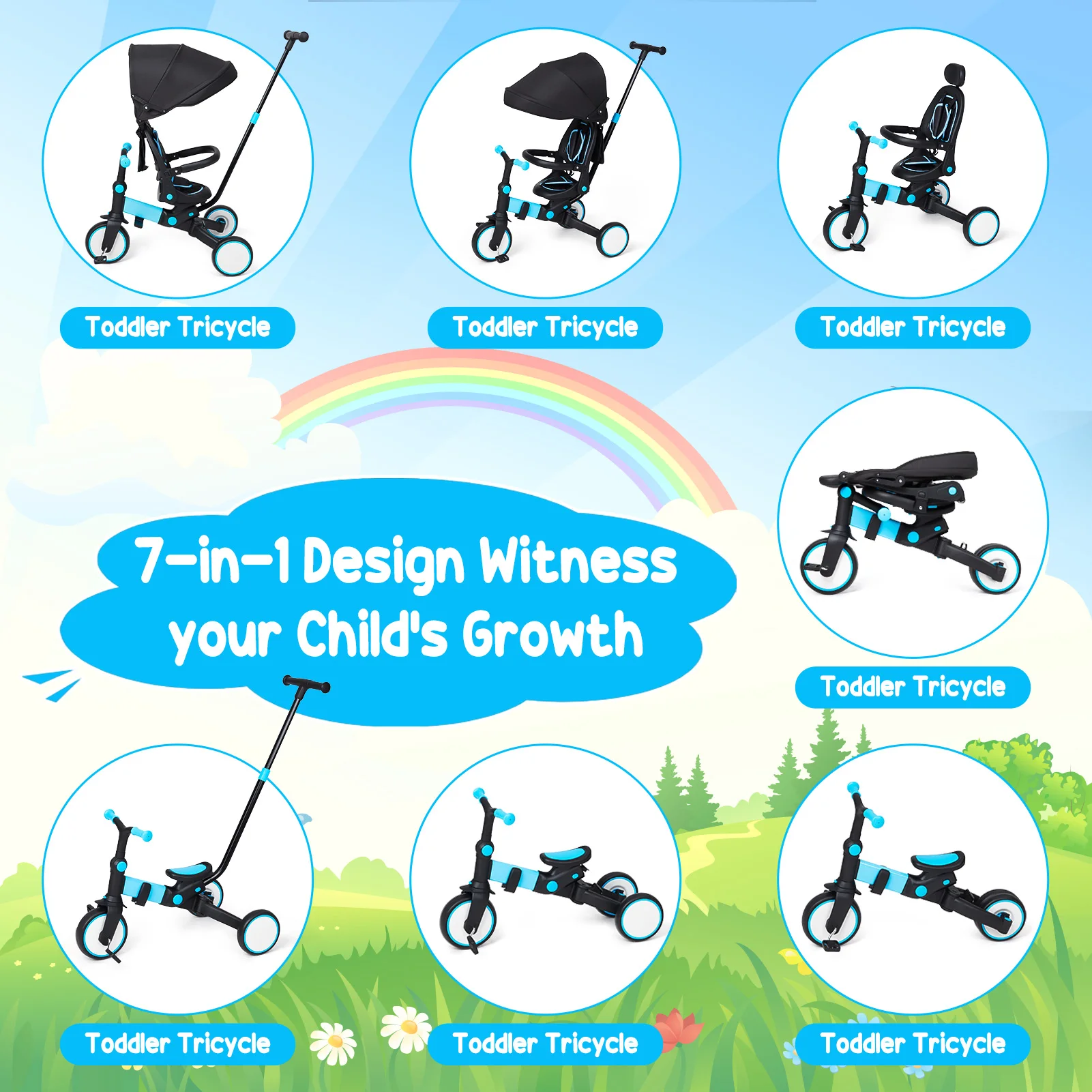 7 in 1 Folding Kids Trike Sit Lying Toddler Stroller with Large Canopy Tricycle Dual Brake Bicycle Stroller for Children Baby