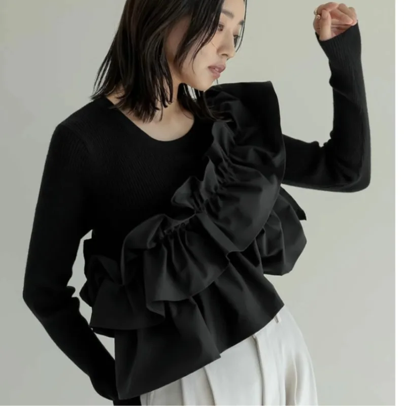 Ruffles Spliced Knit Sweater Women 2025 Spring New Korean Fashion Chic Round Neck Long Sleeve Pullover Knitwear Tops Ropa Mujer