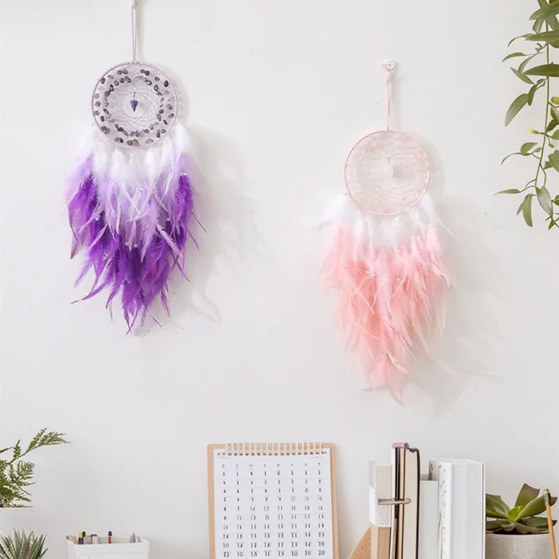 Nordic Dreamcatcher Gemstone Agate Wisząca ozdoba do domu Feather Dream Catcher Fioletowe akcesoria wewnętrzne Dekoracja ścienna