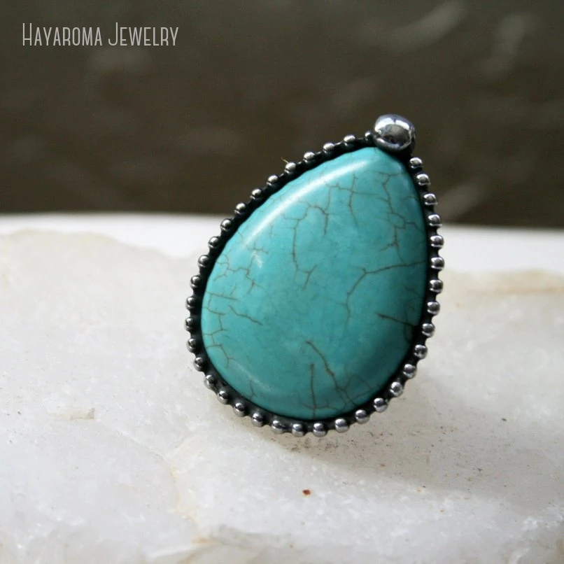 

10Pcs Turquoise Howlite Teardrop Ring Adjustable Statement Gemstone Witch Wicca Boho Women Grange Jewelry