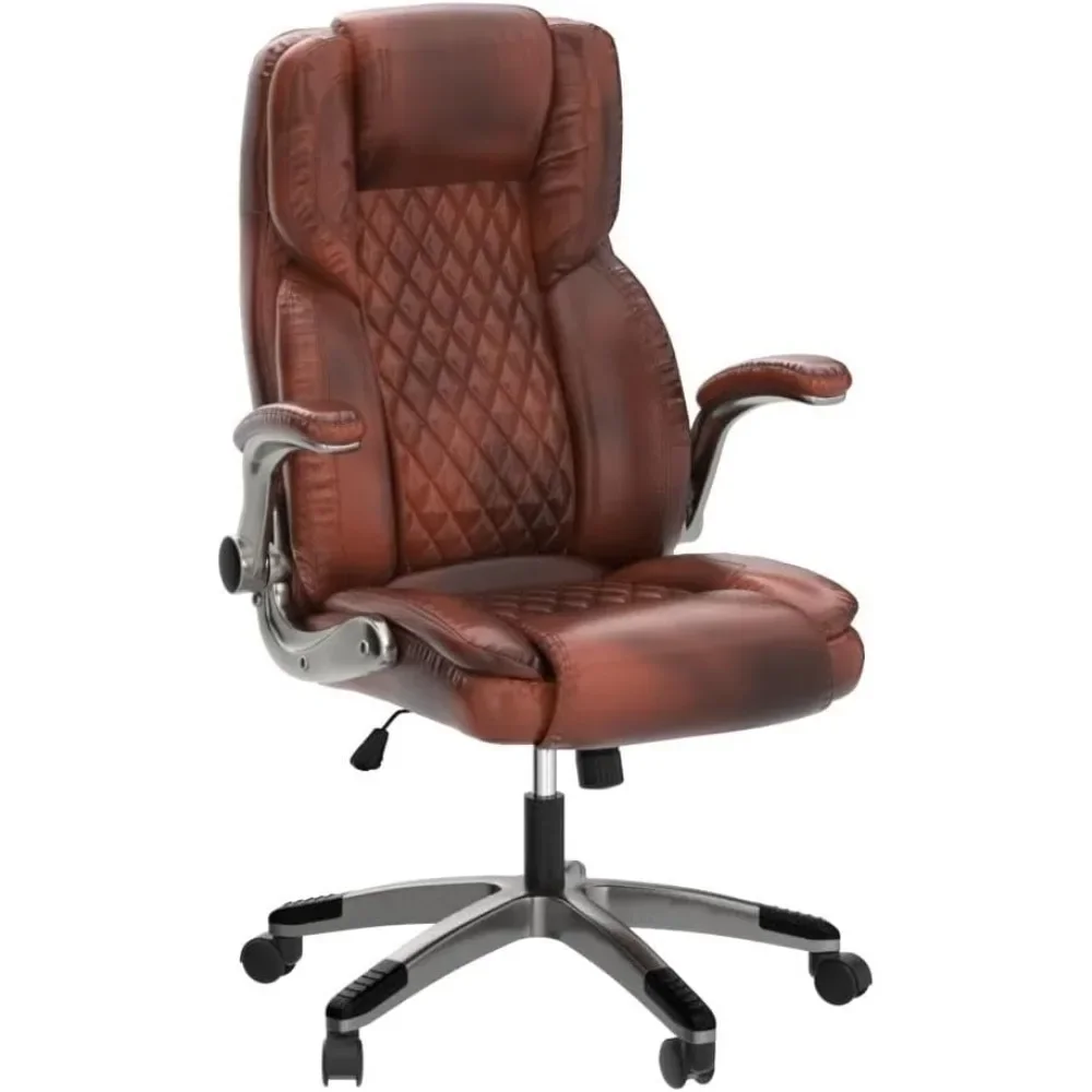 Brown Leather Office Chair with Flip up Arms, Ergonomic Executive Office Chairs with Wheels, 90-120° Rocking High Back