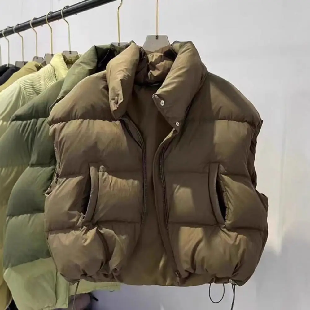 Loose Fit Short Jacket Women Down Vest Winter Waistcoat with Stand Collar Zipper Closure Jacket Solid Color Loose Fit Outerwear