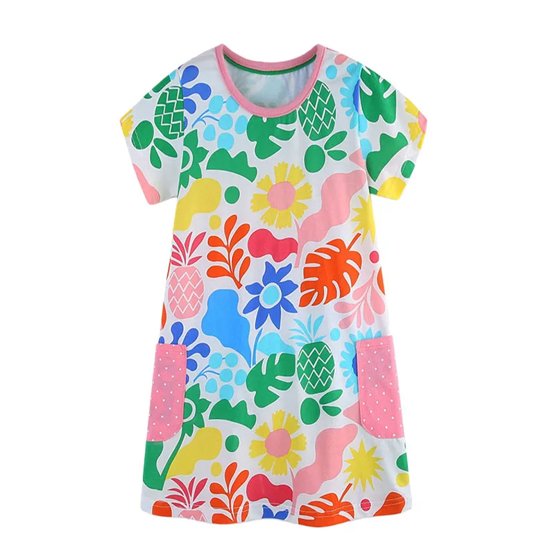 

Floral Baby Princess Dress 2-7T Short Sleeve A-Line Girls Party Clothing with Pockets Toddler Summer Dresses