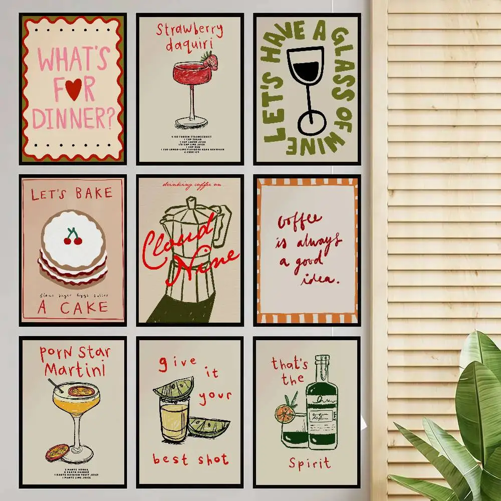 Retro Kitchen Coffee Latte Cocktail Fashion Poster Self-adhesive Art Room Entrance Restaurant Wall Decor Art Painting