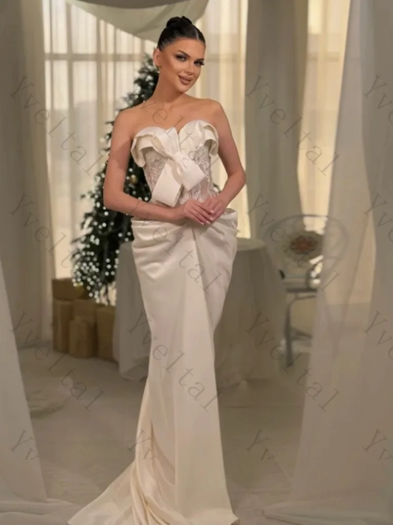 Customized Graceful Charming Temperament Satin Mermaid Wedding Dresses Strapless with Detachable Train Fashion Bridal Gown