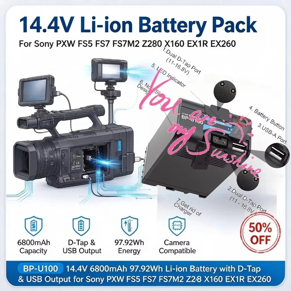 BP-U100 14.4V 6800mAh 97.92Wh Replacement Li-ion Battery with D-Tap & USB Output for Sony PXW FS5 FS7 FS7M2 Z280 X160 EX1R EX260