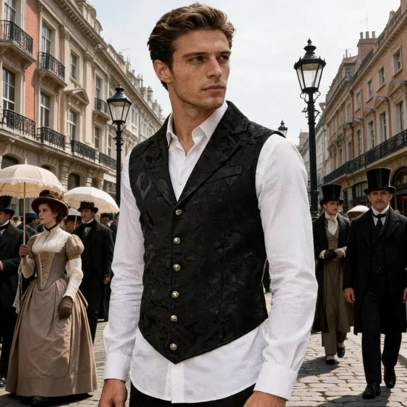 Men Vintage Victorian Suit Vest, Single‑Breasted Sleeveless Waistcoat, Floral Jacquard for Wedding Party Cosplay
