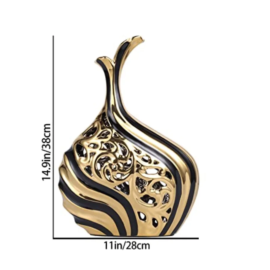 Floor Standing Large Vase for Living Room Home Office Porch Entryway: Black and Gold Metal Skeletonized Design 15 Inch Pampas G