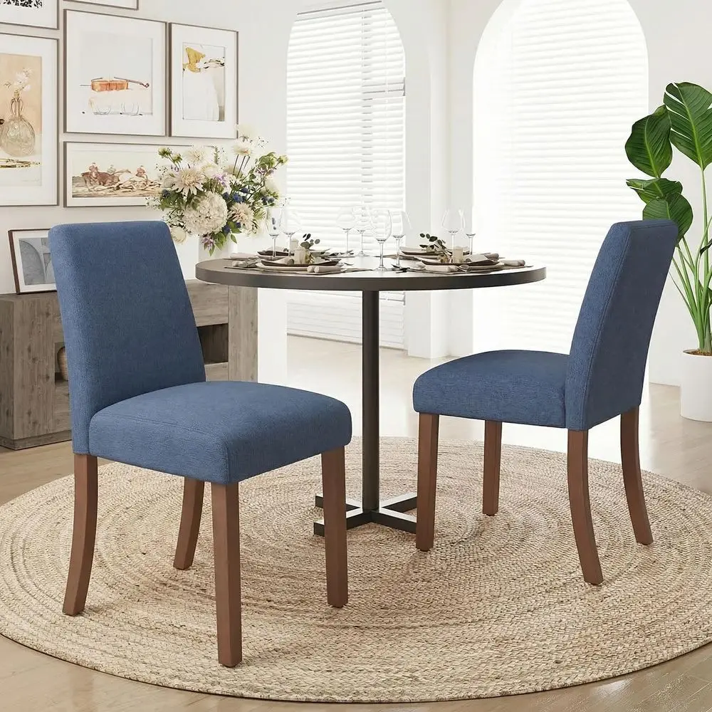 Set of 2 Blue Upholstered Wooden Leg Dining Chairs for Kitchen or Cafe