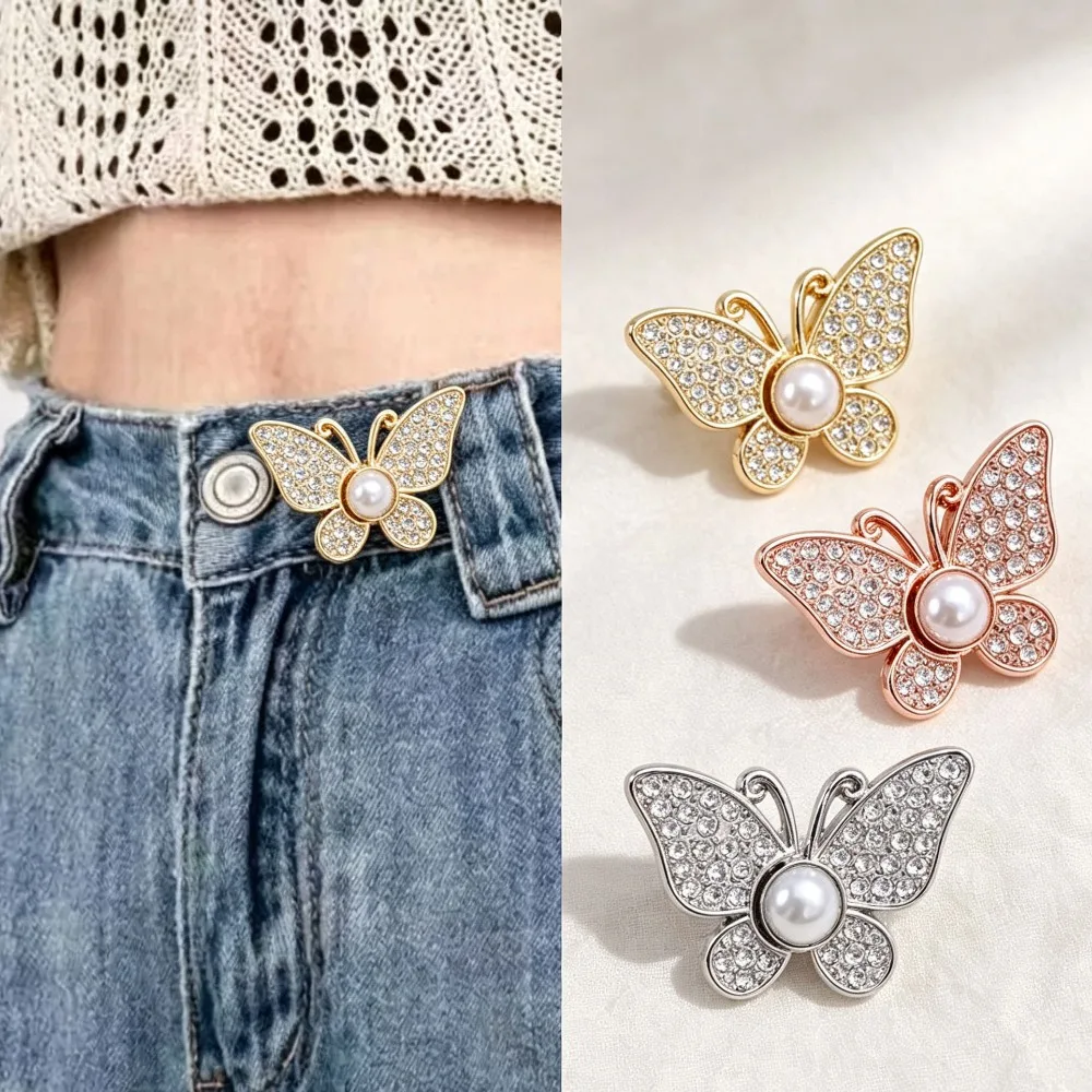 Retractable Snap Button Rhinestone Butterfly Waist Tightener Adjustable Waist Adjuster Buckle For Jeans Pants Skirts Use Gifts