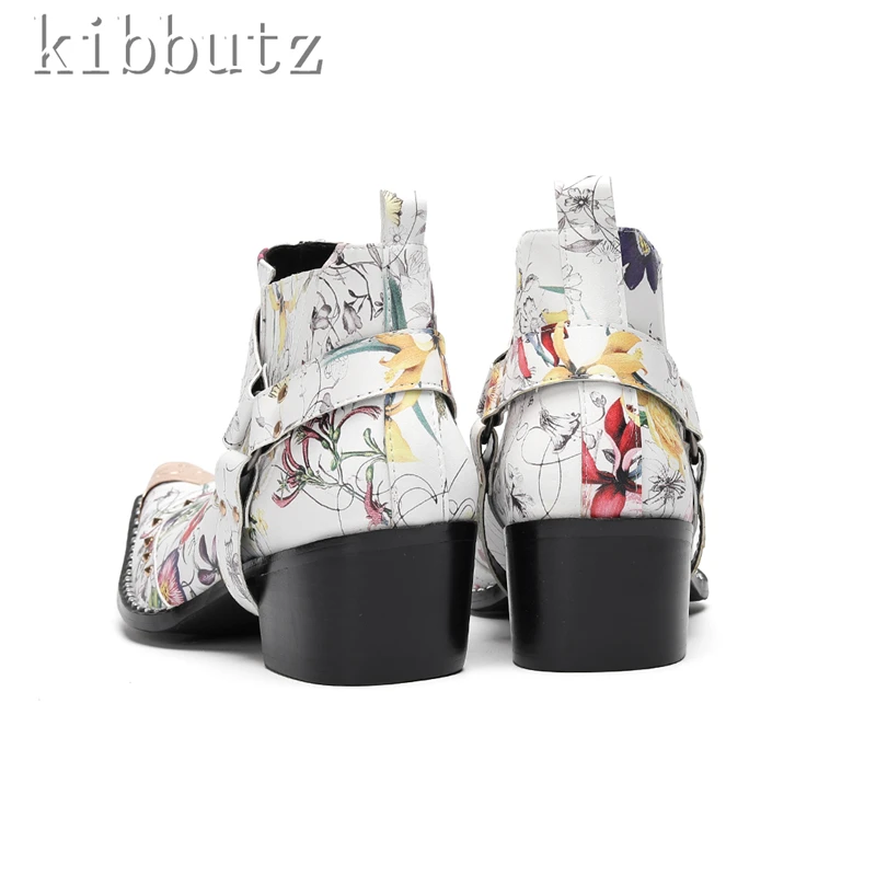 New Design Metal Toe Men Chelsea Boots Genuine Leather Prints Middle Heels Ankle Boots Male Fashion Party Dress Shoes