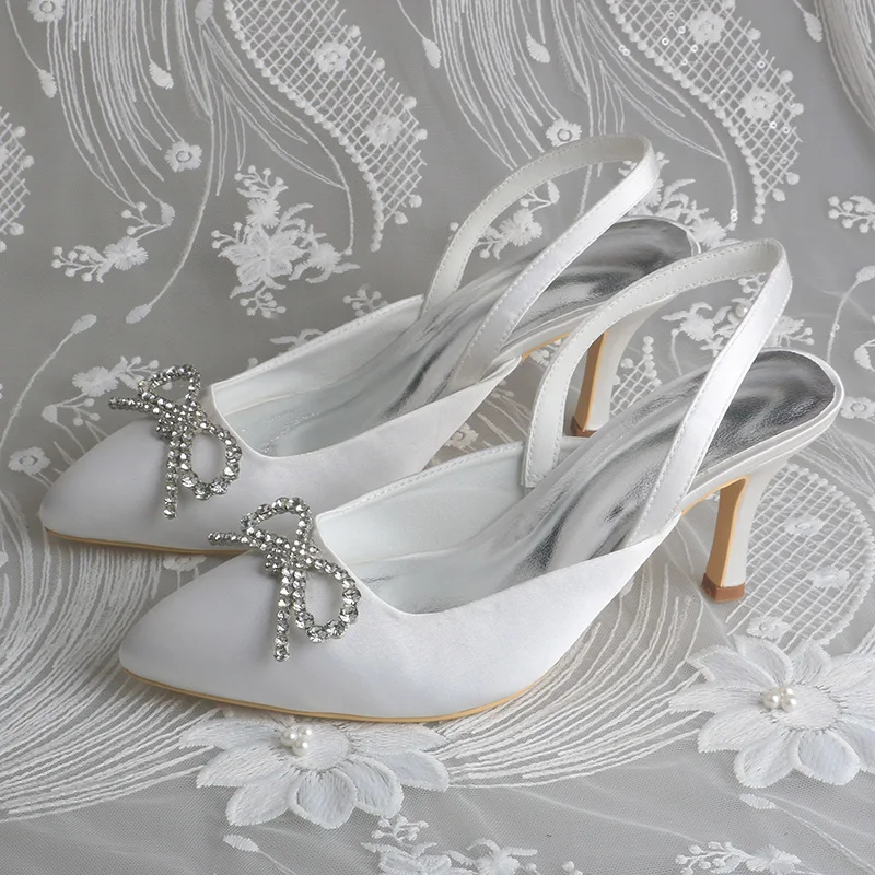 Wedopus Customized 7.5CM Stiletto Heels Women Wedding Shoes Ivory Satin Slingback Bridal Sandals with Bowtie