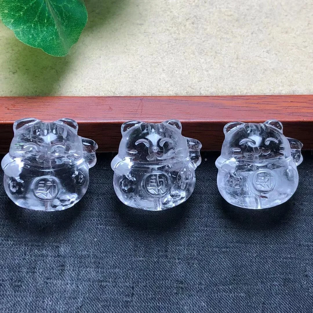 Natural quartz Crystal Lucky  Cute Cat Carved Rock crystal Cat Statue for Fortune Money and Good Luck Gift