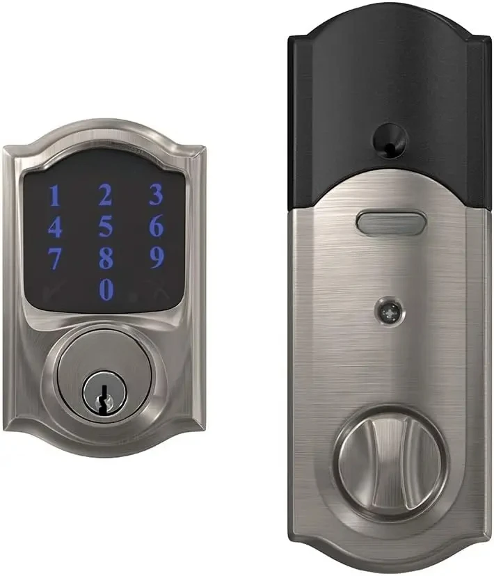 Deadbolt with alarm with Camelot Trim in Satin Nickel, Z-Wave Plus enabled