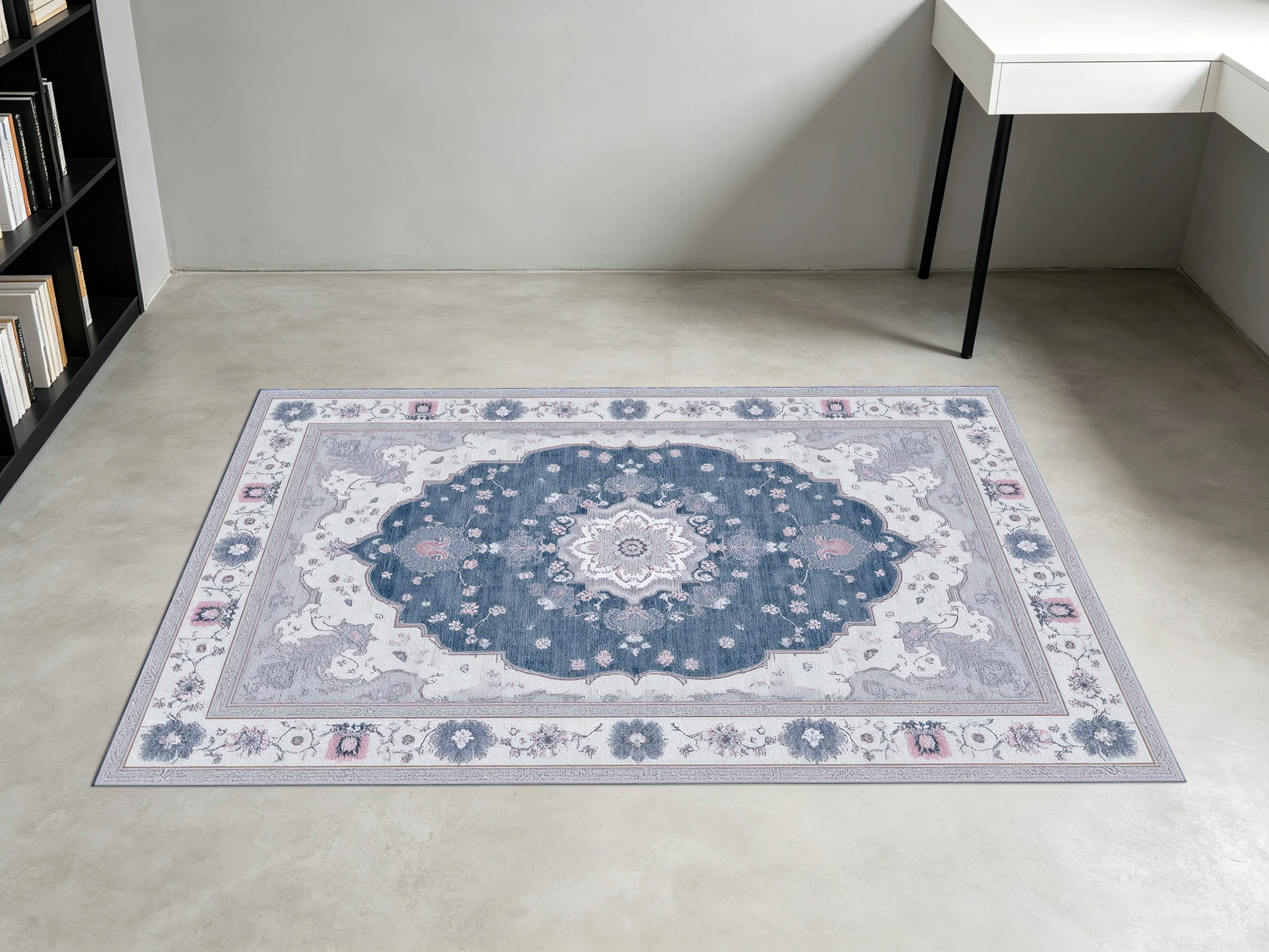 2D Velvet Rug in Gray-Blue-Beige Tones with a European Retro Floral Pattern Soft to the Touch, Perfect for Living Rooms