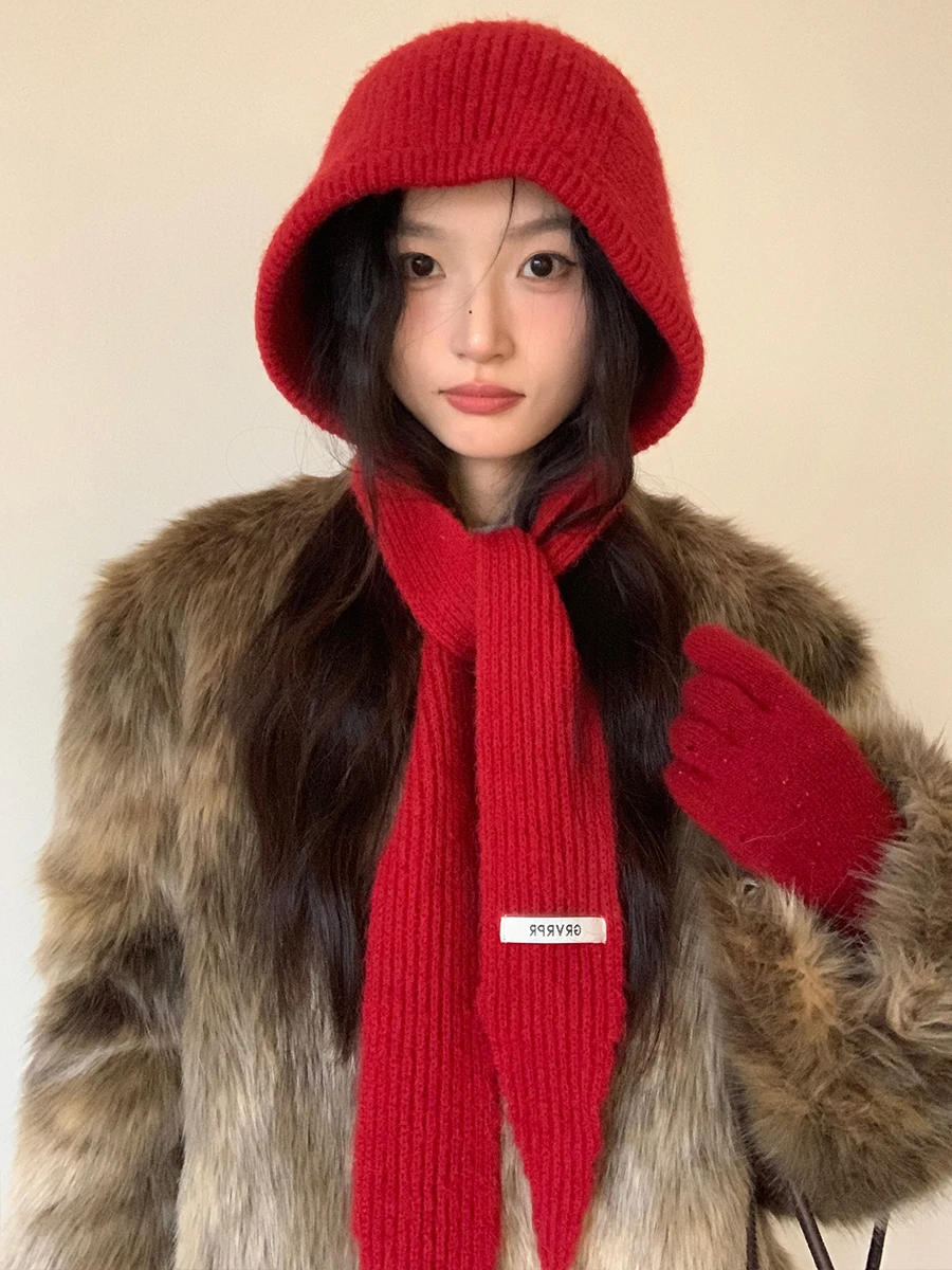 الصوفية عيد الميلاد السنة الجديدة قبعة حمراء وشاح قطعة واحدة المرأة الشتاء محبوك وشاح للرقبة مقنعين بالاكلافا