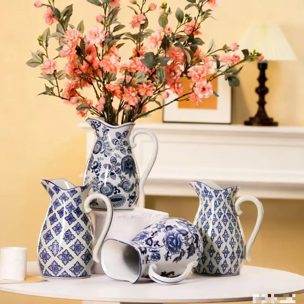 Retro blue and white porcelain milk pot kettle Chinese style handmade flower arrangement vase ornament