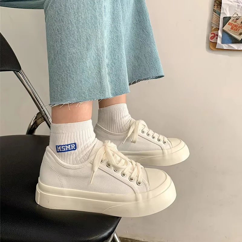 

Холщовые туфли с большой головкой, женская корейская версия сто студентов, новые туфли с толстой подошвой и завязками, туфли с круглым носком