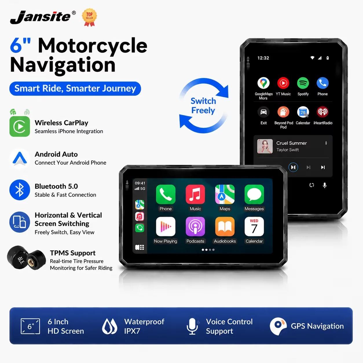 Image of Jansite 6" Tragbares Motorrad-Navigationsgerät GPS Drahtloses Carplay & Android Auto BT5.0 Moto-Monitor IPX7 Wasserdicht Bildschirm Drehbar