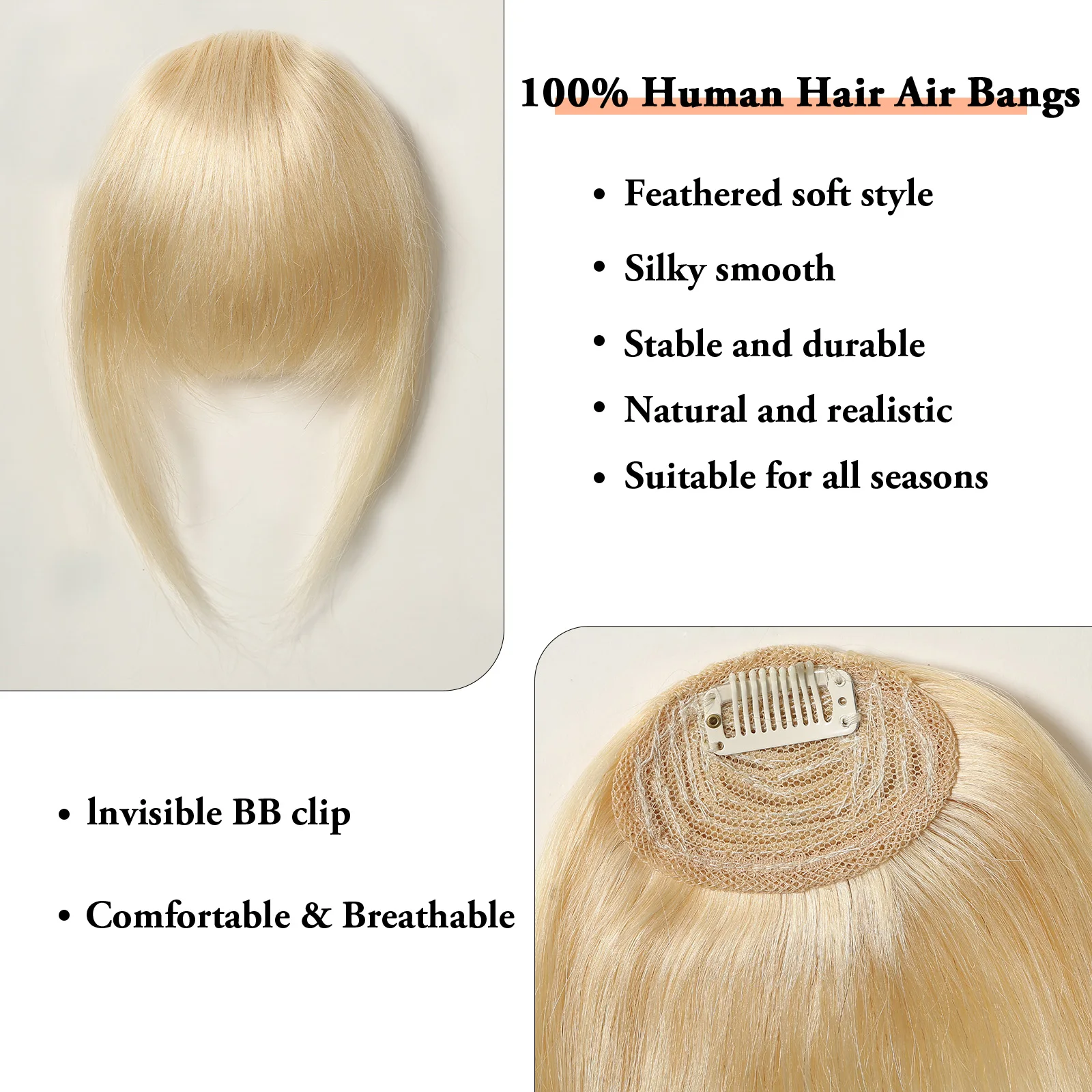 Blonde Bangs Hair 100% Real Human Hair Wispy Bangs Fringe with Temples Hairpieces for Women Clip on Air Bangs Hair Extensions